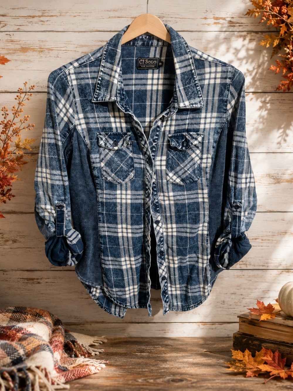Ci Sono Y2K Plaid Corduroy Panel Button Down Shirt Blue White M